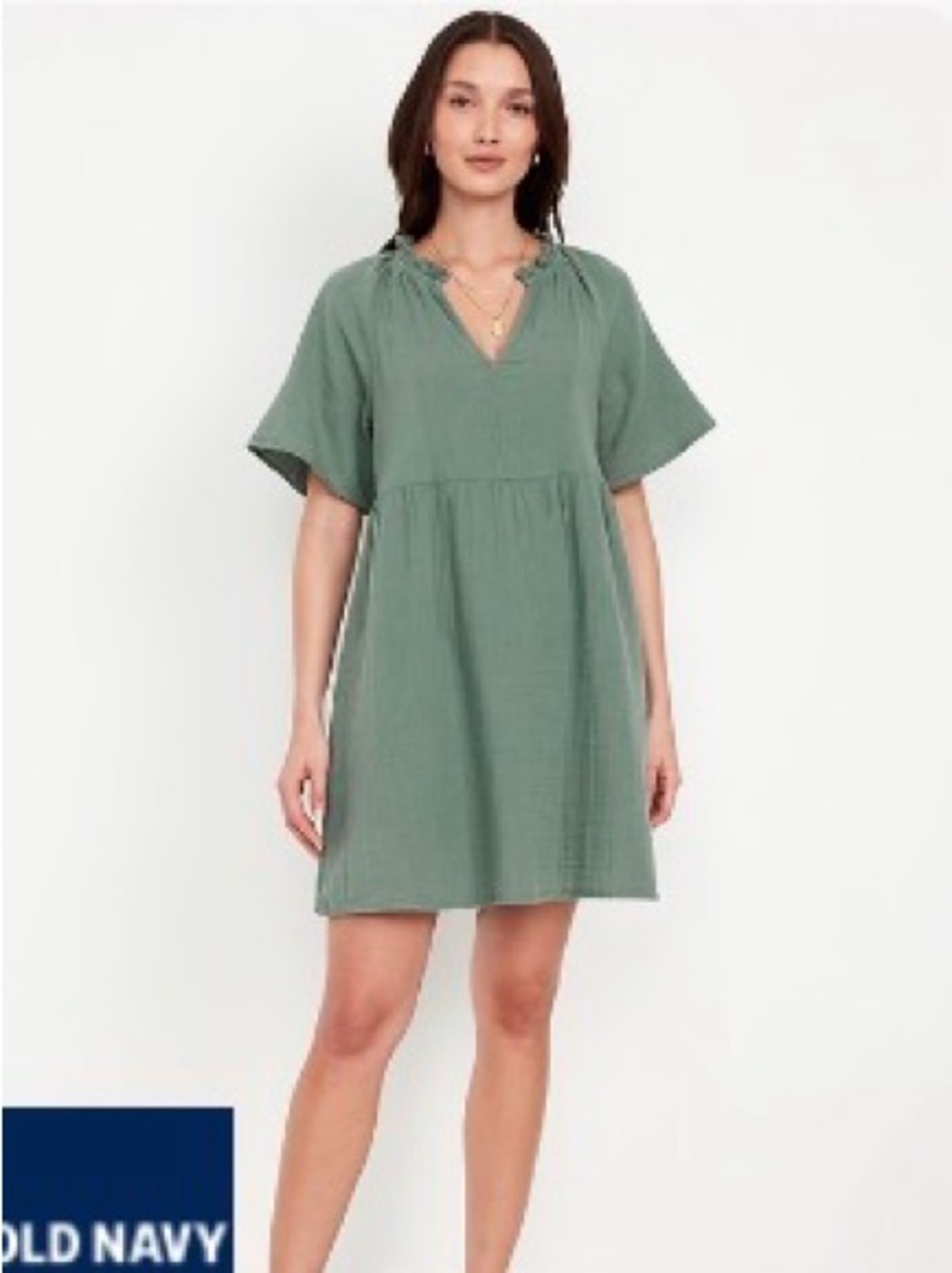 Split-Neck Crinkle Gauze Mini Swing Dress